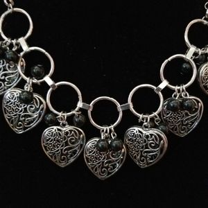 Silver short heart necklace with black beads paparazzi necklace